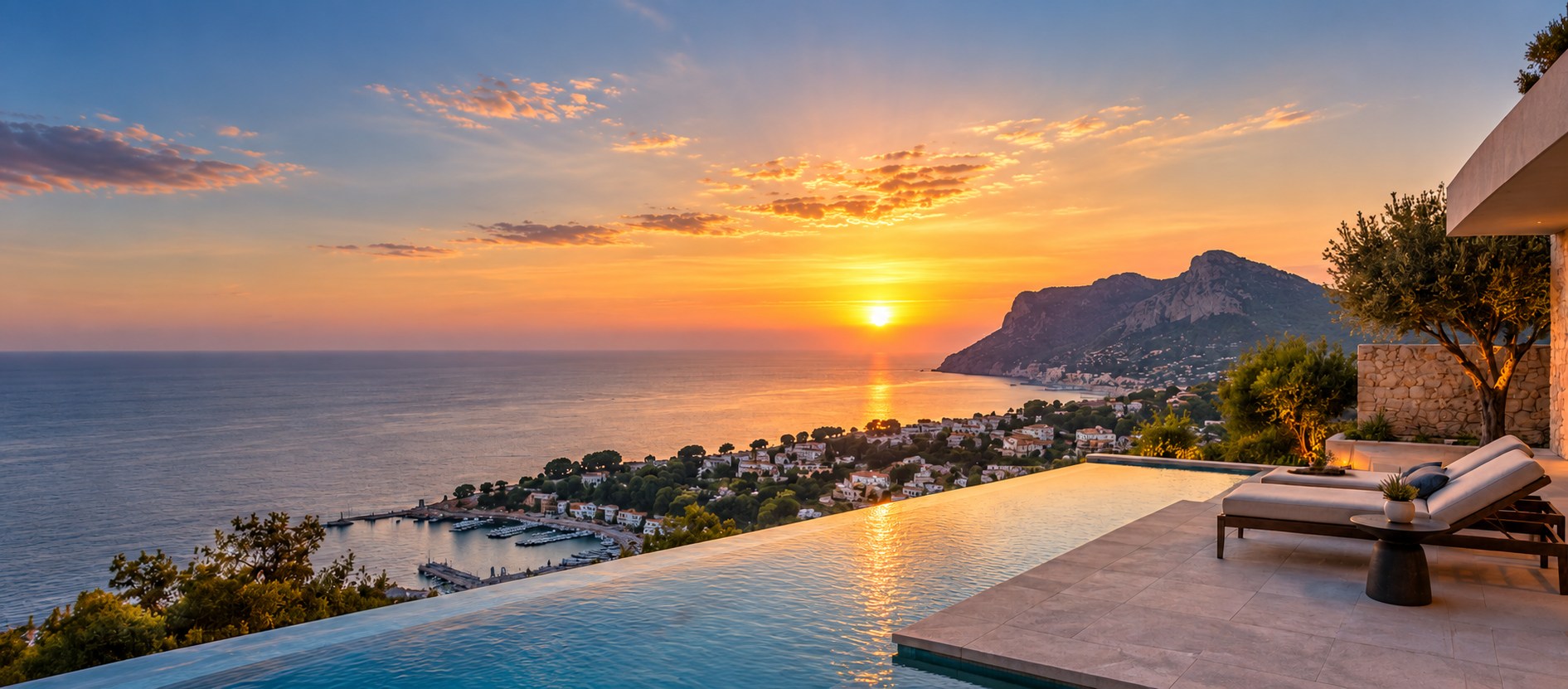 Mediterranean coastal living at golden hour — villa, terrace and infinity pool overlooking the sea